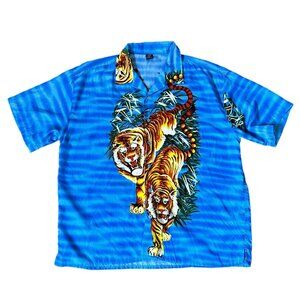 Claudio Nucci Mens‎ XXL Blue Tiger Safari Print Short Sleeve Button Up Shirt